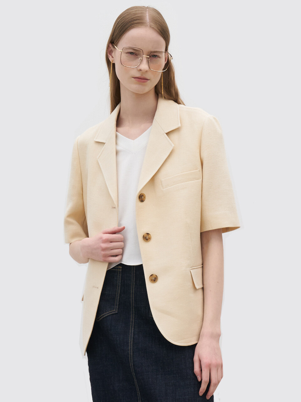 Short Sleeve Linen Blazer_Custard Cream