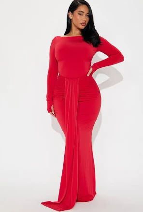 Fashion Nova Eloise Boat Neck Draped Ruched Long Sleeve Maxi Dress