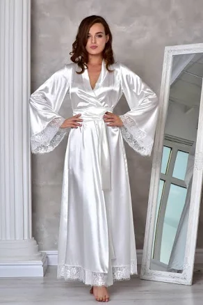 Satin Kimono Robe with Lace Trim