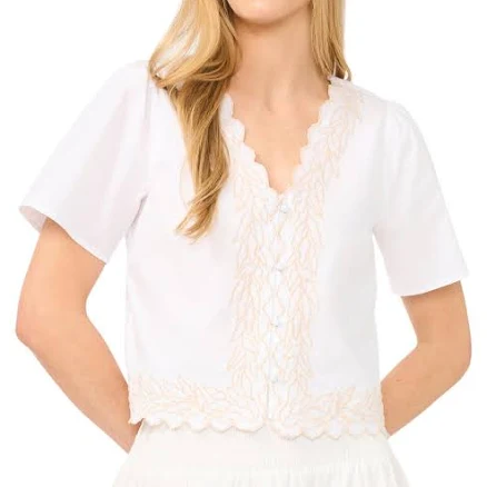 CeCe Women's Embroidered V-Neck Short Sleeve Blouse