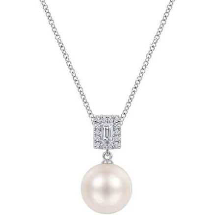 14K White Gold Pave Diamond and Pearl Pendant Necklace