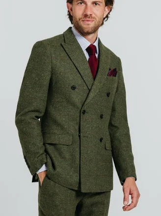 Double Breasted Windowpane Check Tweed Jacket