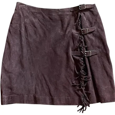 Ralph Lauren Purple Label 100% Genuine Leather Suede Miniskirt w/ Fringe Trim