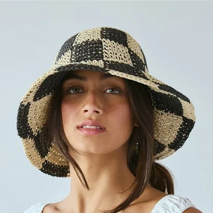 Urban Outfitters Checkered Straw Bucket Hat