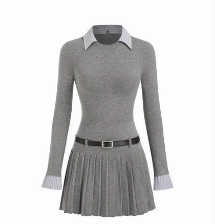 Campus Classic Knit Fabric Collar Belted Pleated Midi Dress Womens