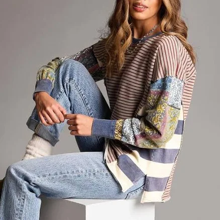 BKE Women's Mixed Stripe Oversized Pullover - Metallic - Sweatshirts