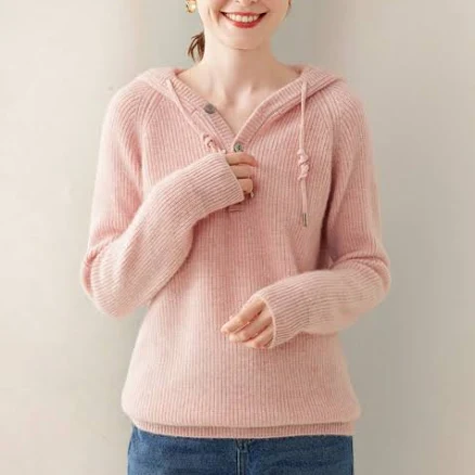 Loomhaven Women's Cashmere-Wool Button-Up Hooded Cardigan