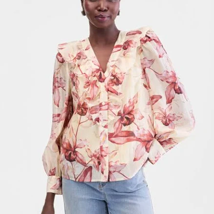 INC International Concepts Women's Long-Sleeve Printed Ruffle-Front Blouse