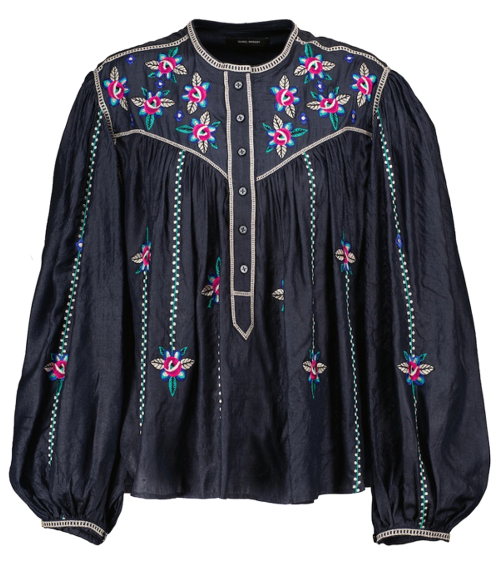 Floral-embroidered Silk Blouse