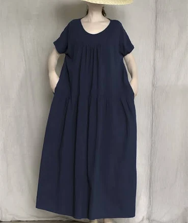 Oversize Pleated Linen Cotton Maxi Dress