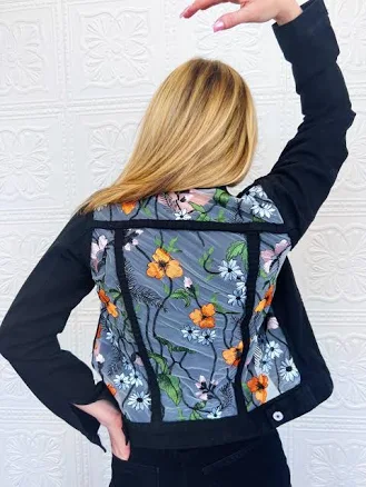 Celia Upcycled Denim Jean Embroidery Lace Jacket