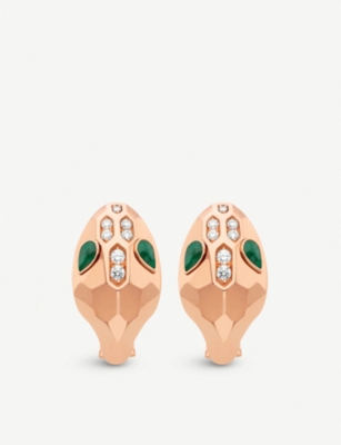 BVLGARI - Serpenti Seduttori 18kt pink-gold, malachite and diamond earrings
