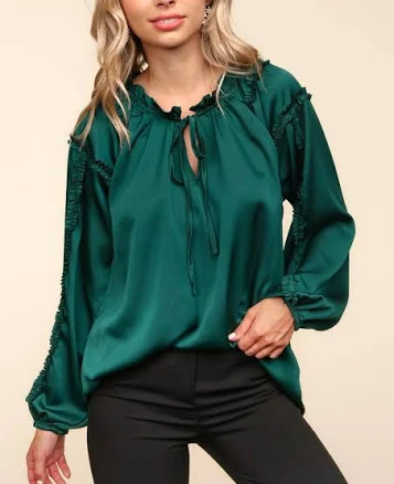 Frilled Mock Neck Solid Satin Woven Top Small
