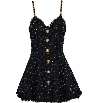 Balmain Strappy Polka-Dot Tweed Dress