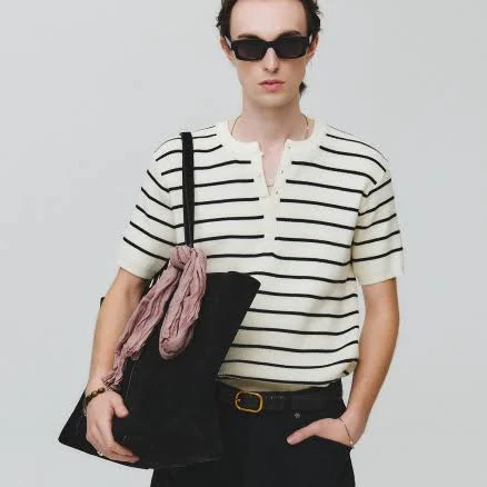 NOIRER Ribbed Henley Neck Half Knit