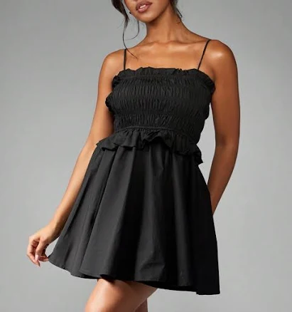 MISSGUIDED Shirred Poplin Mini Dress Summer Party Ruffle Trim Spaghetti Strap Smocked Bodice Flared Skirt Dress Wedding Guest Vacation Holiday