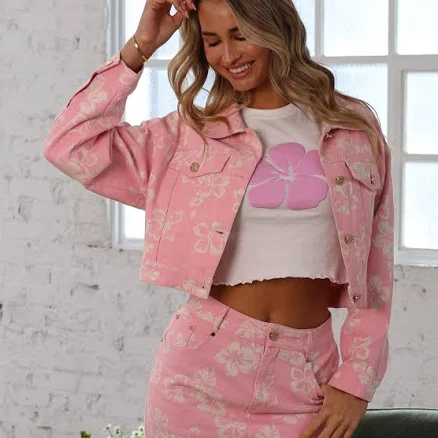 Kulani Kinis Women's Pixie Cropped Denim Jacket in Pink