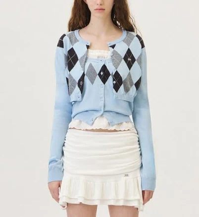 grove 26Ps Veni Argyle Crop Cardigan (Light Blue) Knitwear |