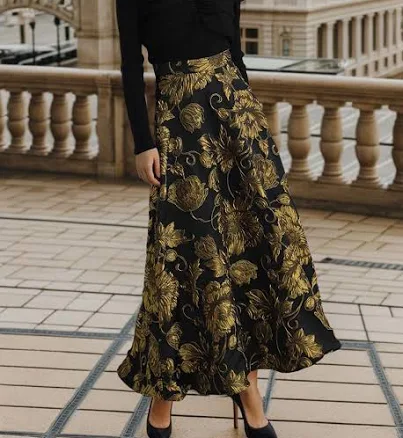Golden Bouquet Jacquard Embossed Maxi Skirt