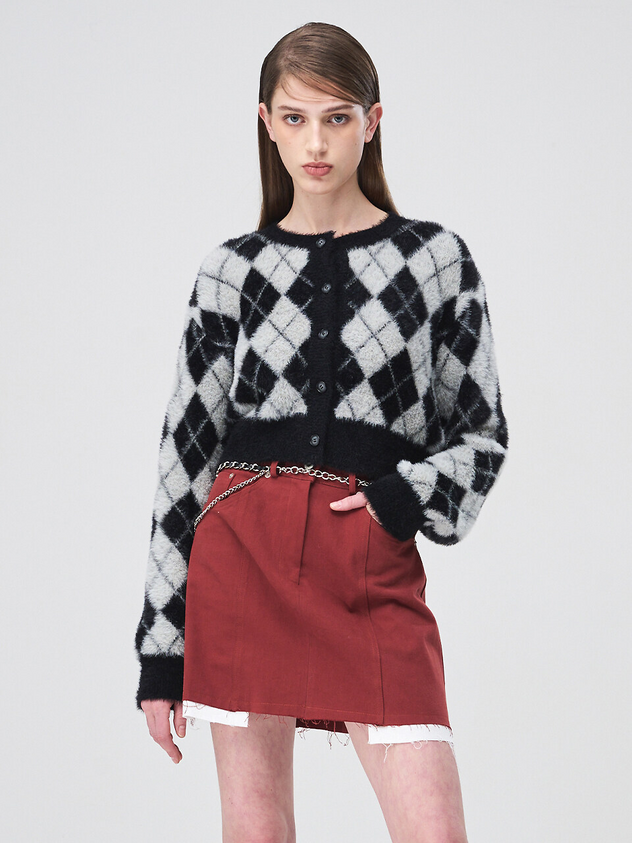 Argyle Fluffy Knit Cardigan