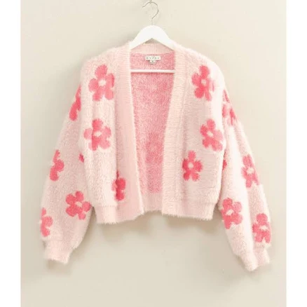 Pink Ladies Floral Pattern Fuzzy Sweater Cardigan Large
