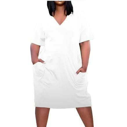 Women's Casual Loose Fit V-Neck Short Sleeve Midi Tunic Dress with Pockets