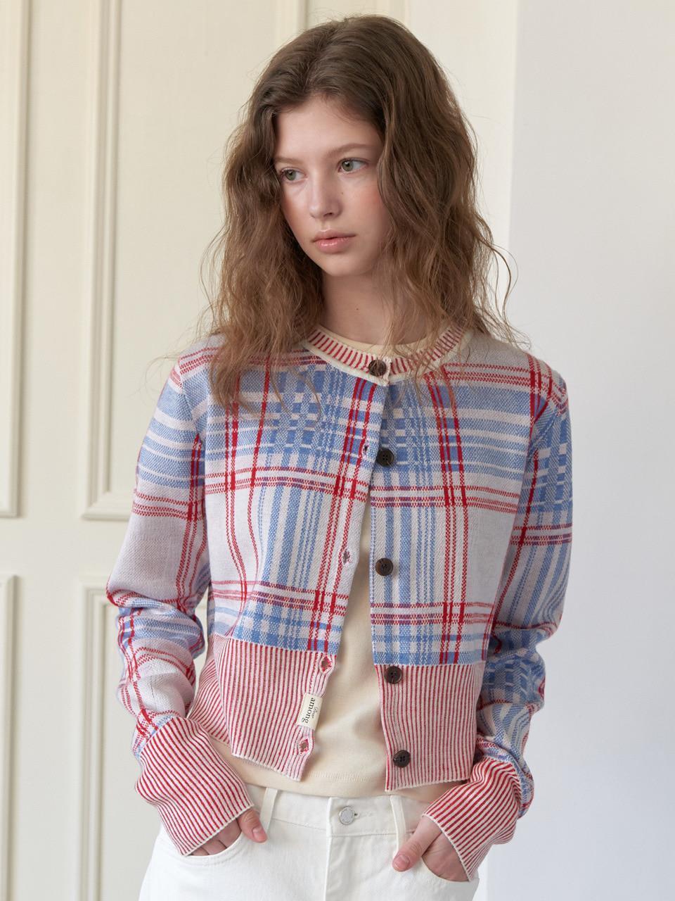Mixed Color Check Crop Cardigan [RED]