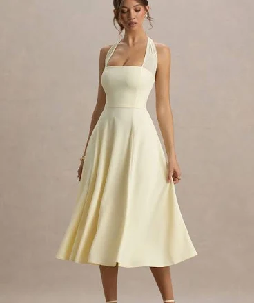 Auburn | Pale Lemon Halter-Neck Midi Dress US 6 / LEMON