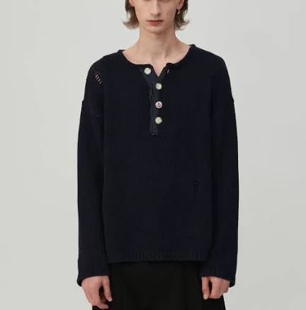 BEYOND CLOSET Heavy Weight Cotton Henley Neck Knit