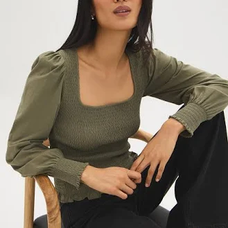 Suzy Shier Cotton Square Neck Smocked Top
