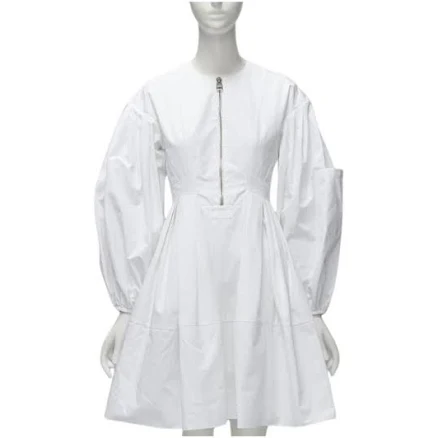 Alexander Mcqueen White Cotton Silver Zip Front Puff Sleeve Flared Dress It36 Xs