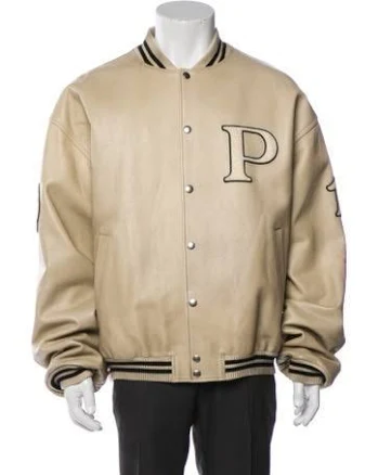 Prada 2024 Enameled Metal Triangle Varsity Jacket in Neutrals, Men's US46, IT56 | XXL