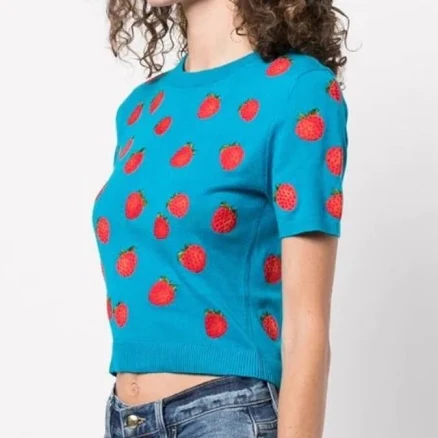 Alice + Olivia Women's Ciara Strawberry Embroidered Stretch Cotton Sweater