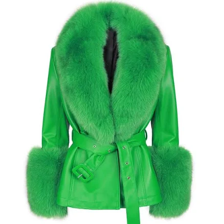 Women's Premium Fox Fur Collar Leather Winter Jacket Coat