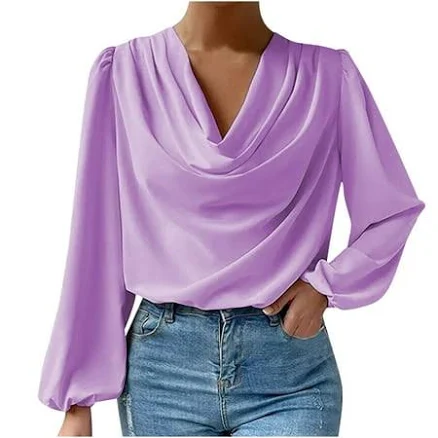 Women's Satin Silk Draped Cowl Neck Ruched Long Sleeve Top