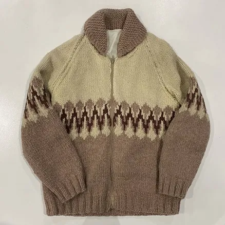 Vintage Hand Knit Wool Cowichan Siwash Trees Blush Pink Zip Up Mary