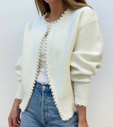 Embellished Isabella Pearl Edge Trim Ripped Hem Cardigan