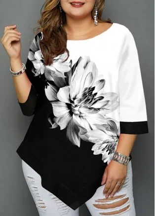 Rosewe Asymmetric Hem Floral Print T-Shirt