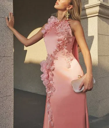 Floral Appliqué Satin Fishtail Gown