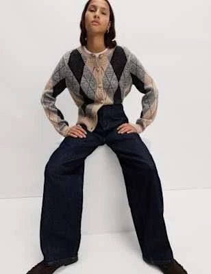 Marks & Spencer Argyle Wool Crew Neck Cardigan