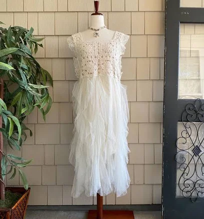 Boho Vintage Crochet Ruffle Tulle Maxi Dress