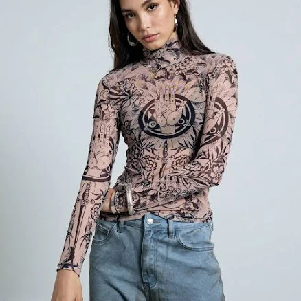 Fitted Sheer Tattoo Printed Long Sleeve High Neck Top