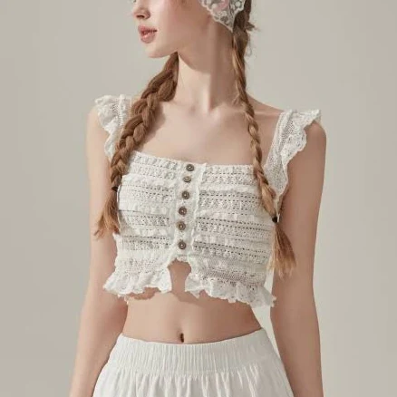 VIKINI Vender Sleeveless Lace Button Top