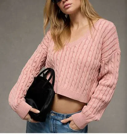 AE Women's Cropped Cable Knit V-Neck Sweater