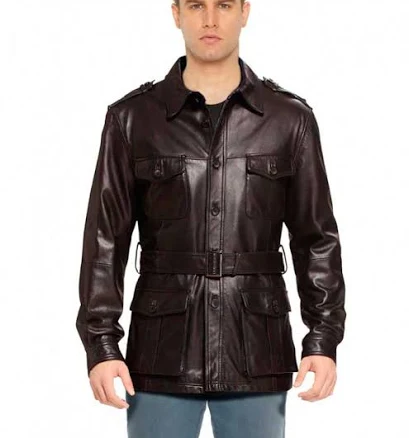 Men's Military Leather Trench Coat with Waist Belt