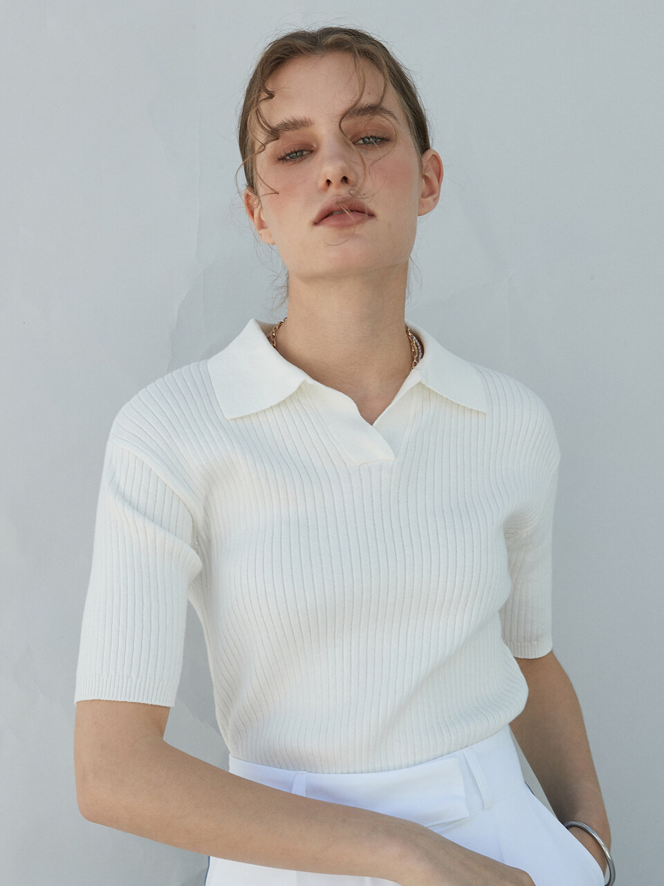 OU670 Cotton Collar Knit_White