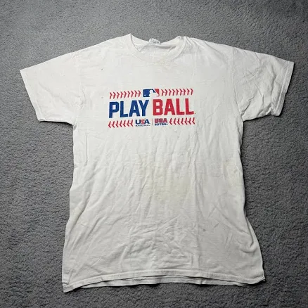 Mlb Logo Play Ball Shirt Men's Medium White Graphic Short Sleeve