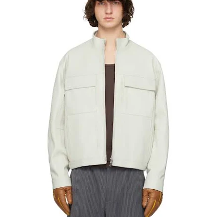 Solid Homme High-Neck Two-Pocket Leather Jacket