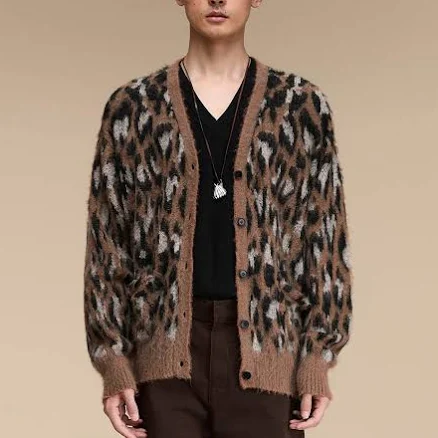 OPICLOTH Leopard Mohair V-Neck Cardigan