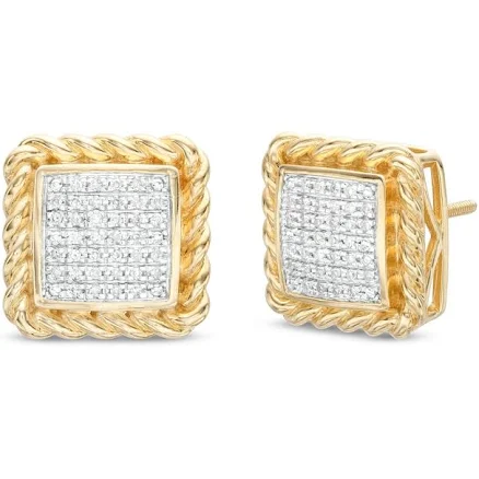 Sterling Silver 14K Gold 1/10 CT. T.W. Diamond Rope Edge Cube Stud